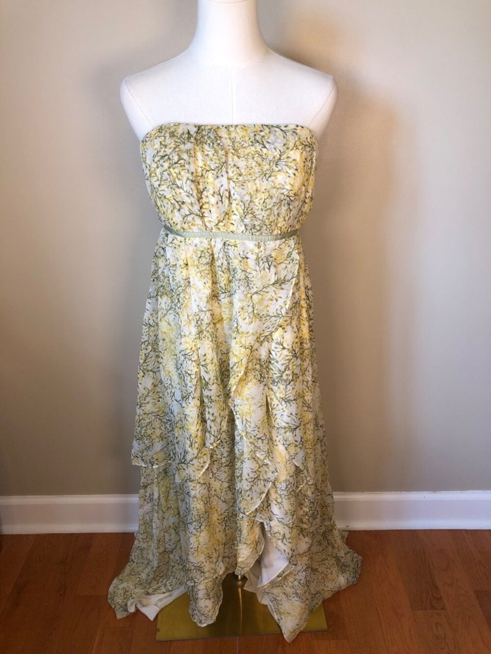 Adam Lippes 100% Silk Strapless Green Yellow Floral Hi Low Dress Sz 12 Coquette
